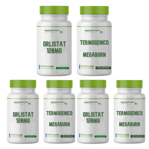 3 Potes Orlistat 120Mg 60 Cápsulas + Termogênico Megaburn 120 Cápsulas cada