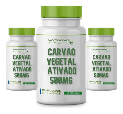 3 Potes Carvão Vegetal Ativado 500mg 60 Cápsulas Cada