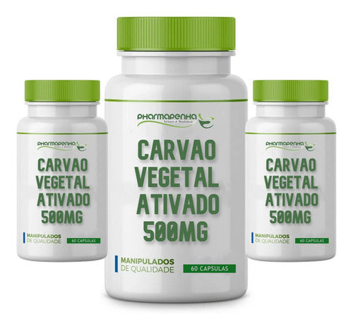 3 Potes Carvão Vegetal Ativado 500mg 60 Cápsulas Cada