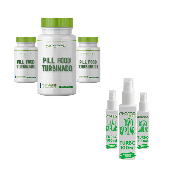 3 Frascos Loção Cabelo e Barba Turbo 100ml + 3 Potes Pill Food Turbinado 60 Cápsulas cada