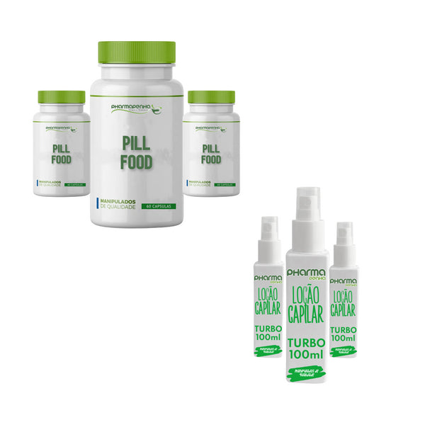 3 Frascos Loção Cabelo e Barba Turbo 100ml + 3 Potes Pill Food 60 Cápsulas cada